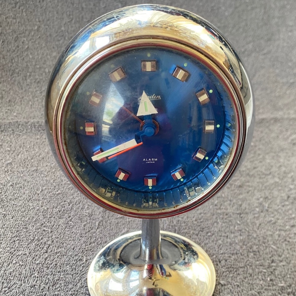 Vintage Linden Pedestal Alarm Clock Blue Sunburst Dial Japan Space Age